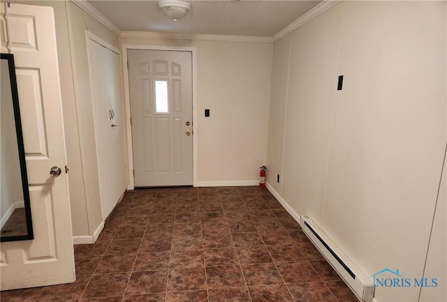 doorway to outside featuring ornamental molding and a baseboard heating unit