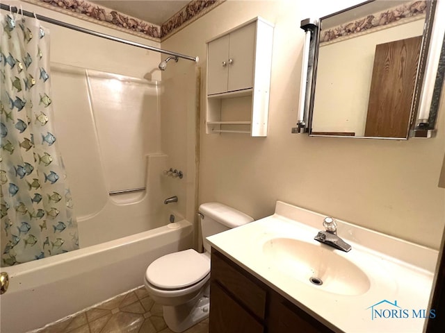 full bathroom with vanity, shower / bath combo, and toilet