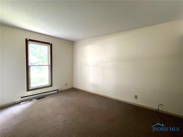 empty room featuring carpet and baseboard heating