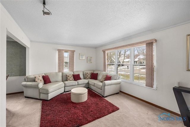 living room featuring plenty of natural light, light colored carpet, and a textured ceiling