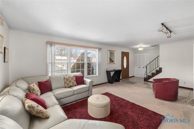 living room featuring light colored carpet, a textured ceiling, and ornamental molding