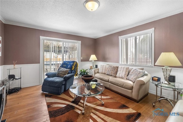 living room with light hardwood / wood-style floors, ornamental molding, and a textured ceiling