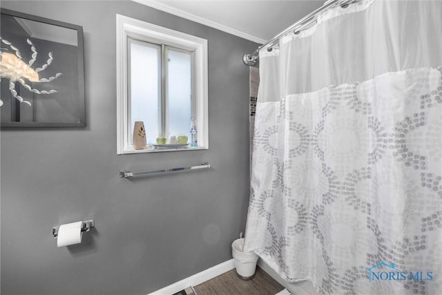 bathroom featuring hardwood / wood-style floors and ornamental molding