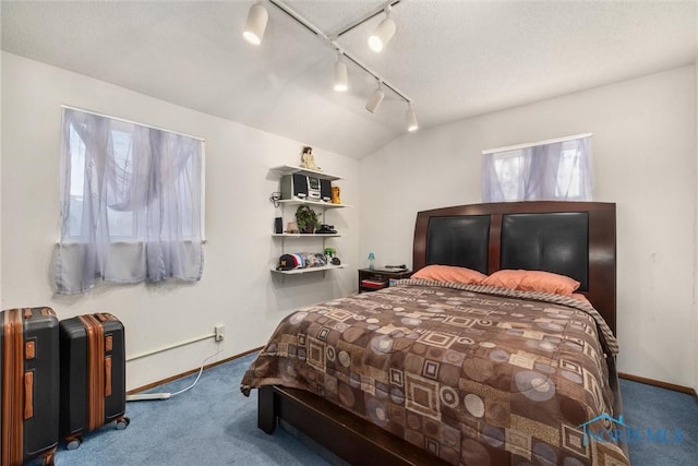 carpeted bedroom with lofted ceiling