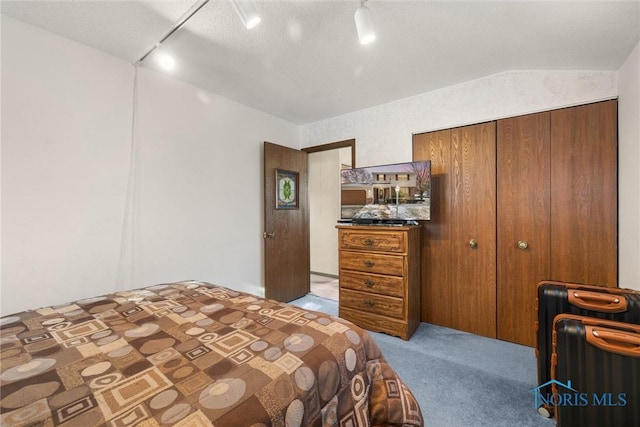 bedroom featuring lofted ceiling, a closet, light colored carpet, and a textured ceiling