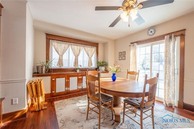 dining space with dark wood-type flooring, ornamental molding, and ceiling fan