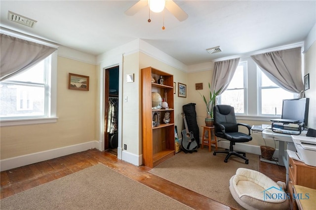 office area featuring ceiling fan and wood-type flooring