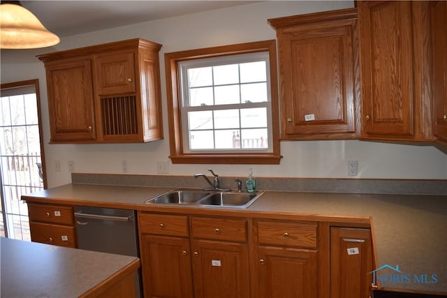 kitchen with pendant lighting, stainless steel dishwasher, and sink