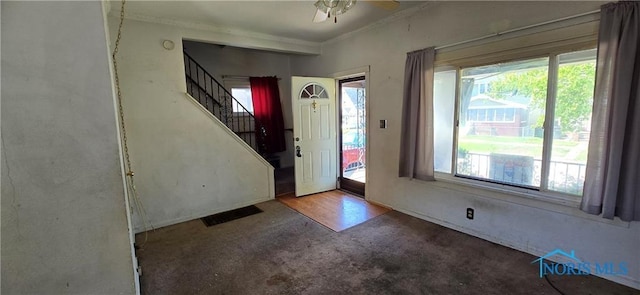 foyer with carpet flooring, ceiling fan, and crown molding