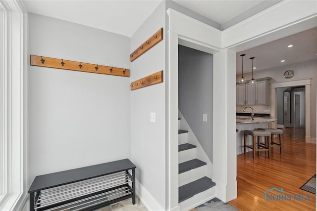 interior space with hardwood / wood-style floors and sink