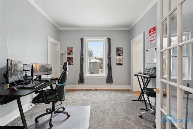 carpeted home office with ornamental molding