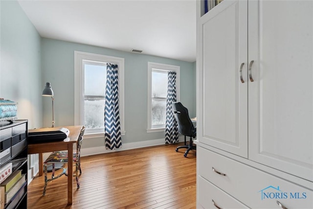 office area featuring light hardwood / wood-style floors and a healthy amount of sunlight