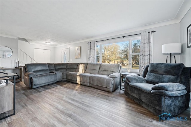 living room featuring hardwood / wood-style floors and crown molding