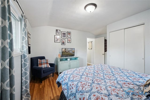 bedroom featuring hardwood / wood-style floors, lofted ceiling, and a closet