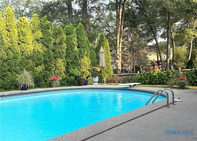 view of pool with a diving board