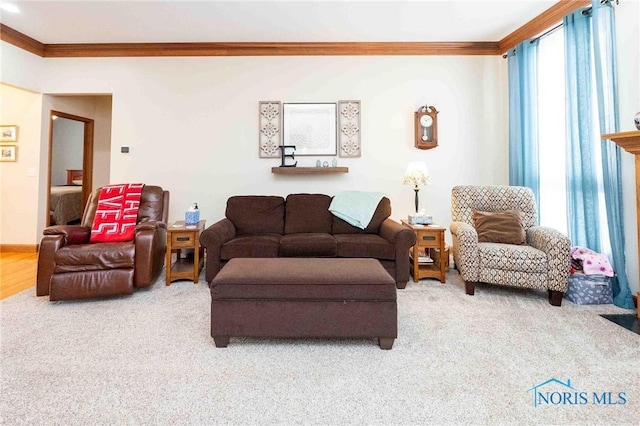 carpeted living room with ornamental molding