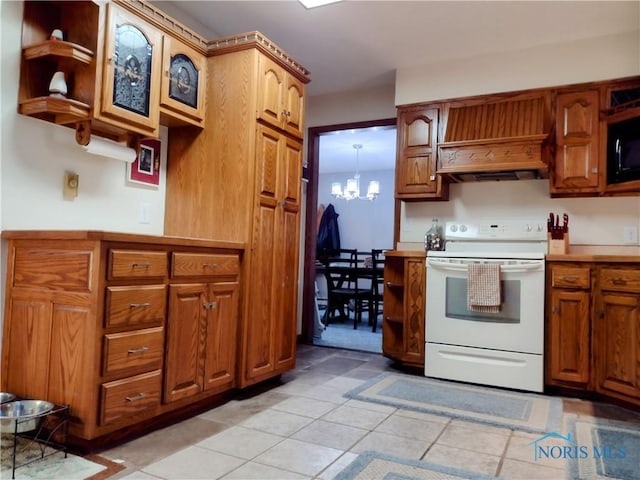 kitchen with premium range hood, electric stove, hanging light fixtures, a notable chandelier, and light tile patterned flooring