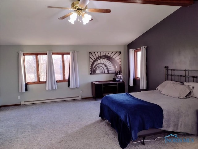 carpeted bedroom featuring baseboard heating, ceiling fan, and lofted ceiling