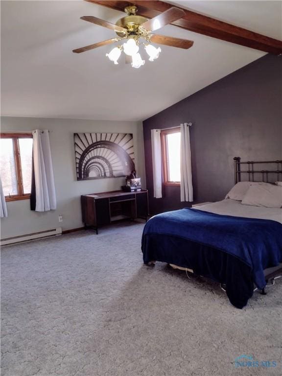 carpeted bedroom with vaulted ceiling with beams, ceiling fan, a baseboard radiator, and multiple windows