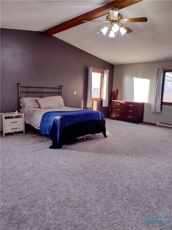 carpeted bedroom featuring vaulted ceiling with beams and ceiling fan