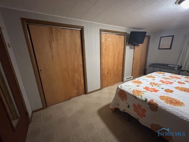 carpeted bedroom with wooden walls and multiple closets