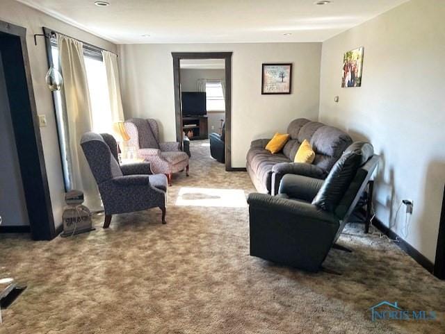 living room featuring carpet flooring and a healthy amount of sunlight