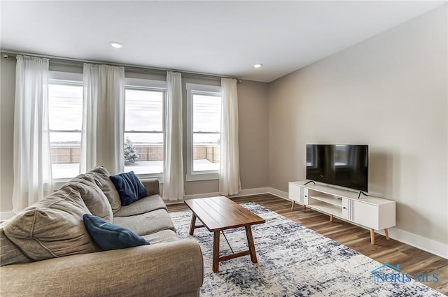 living room featuring dark wood-type flooring