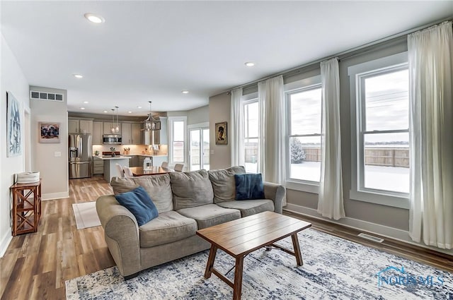 living room with light hardwood / wood-style floors and a wealth of natural light