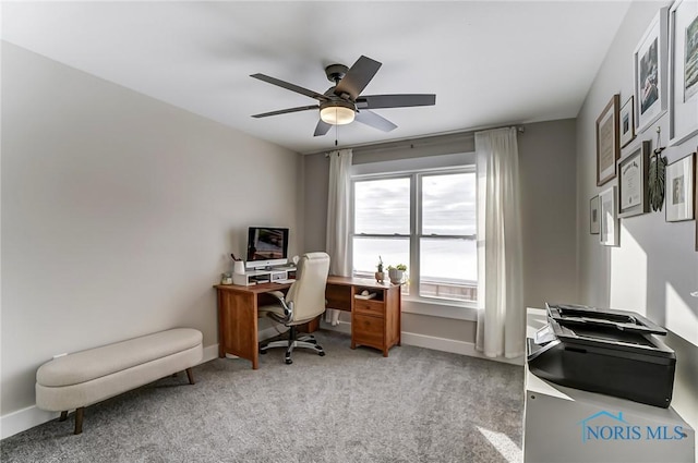 office featuring light colored carpet and ceiling fan