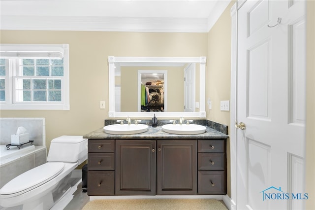 bathroom featuring vanity, toilet, and crown molding