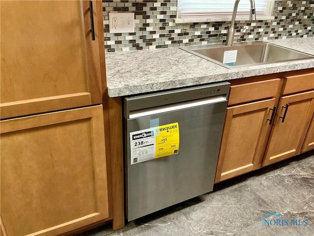 kitchen with decorative backsplash, stainless steel dishwasher, and sink