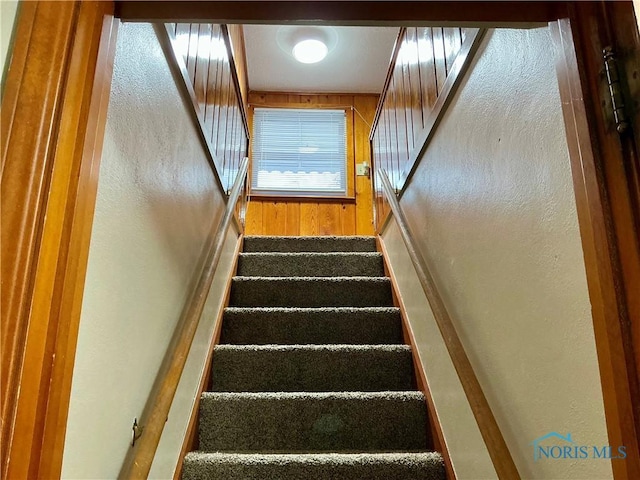 staircase with wood walls