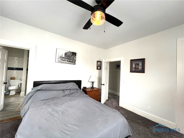 bedroom with ensuite bath and ceiling fan