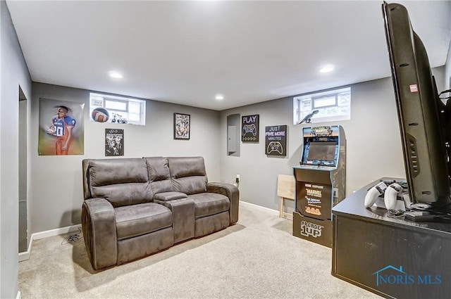 living room featuring light colored carpet