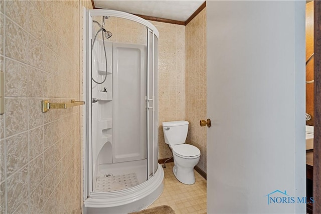 bathroom with tile walls, a shower with door, and toilet