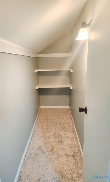 spacious closet featuring carpet floors and vaulted ceiling