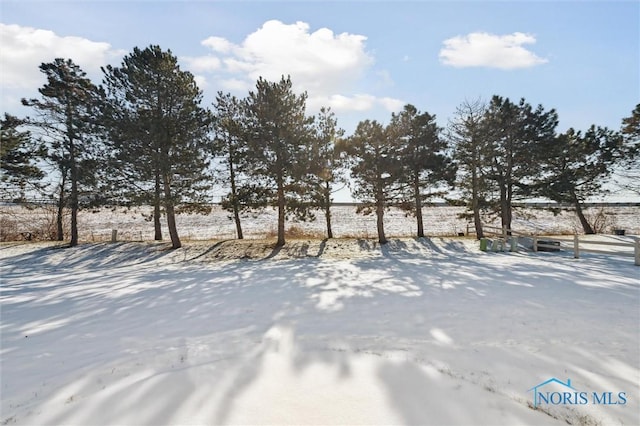 yard covered in snow with a rural view