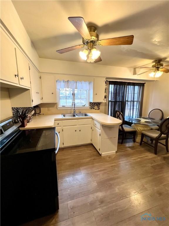 kitchen featuring white cabinetry, sink, black range, and hardwood / wood-style flooring