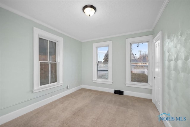 carpeted empty room featuring ornamental molding