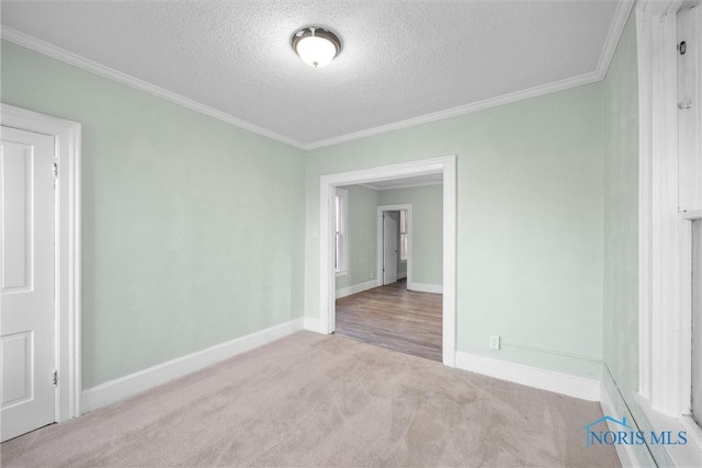 carpeted spare room featuring crown molding and a textured ceiling