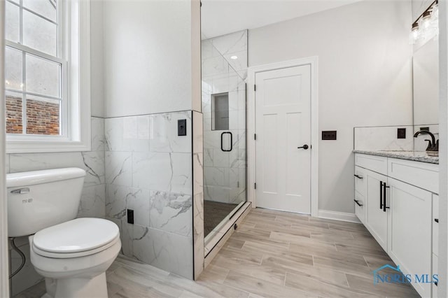 bathroom featuring vanity, an enclosed shower, and toilet