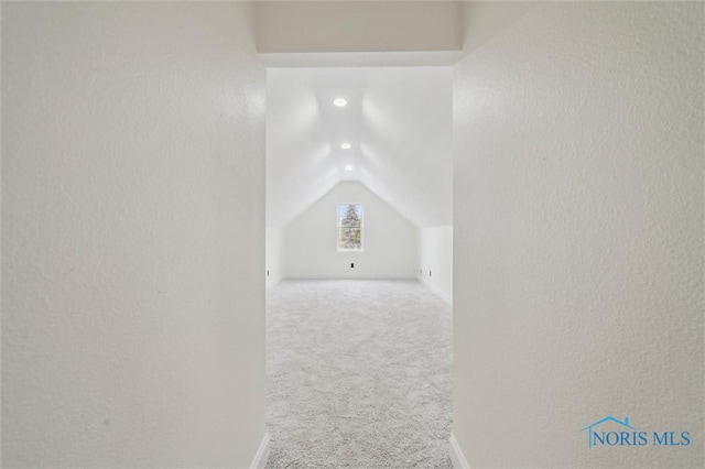 additional living space featuring light colored carpet and lofted ceiling