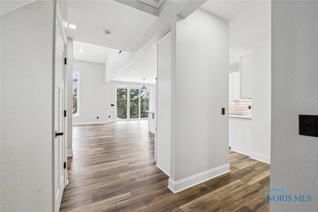 hallway with dark hardwood / wood-style flooring