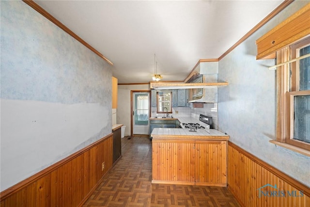 kitchen featuring dark parquet flooring, tile countertops, sink, crown molding, and range