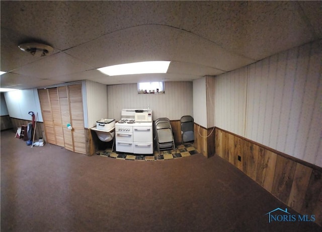 basement with a drop ceiling and carpet flooring