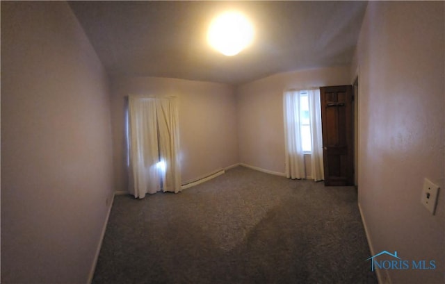 carpeted empty room with baseboard heating