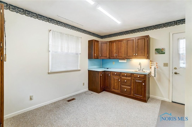 kitchen featuring light colored carpet and sink