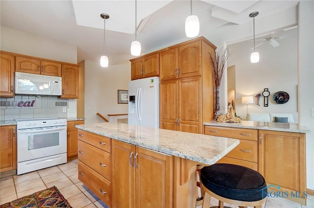 kitchen featuring white appliances, decorative backsplash, light tile patterned floors, decorative light fixtures, and a kitchen island