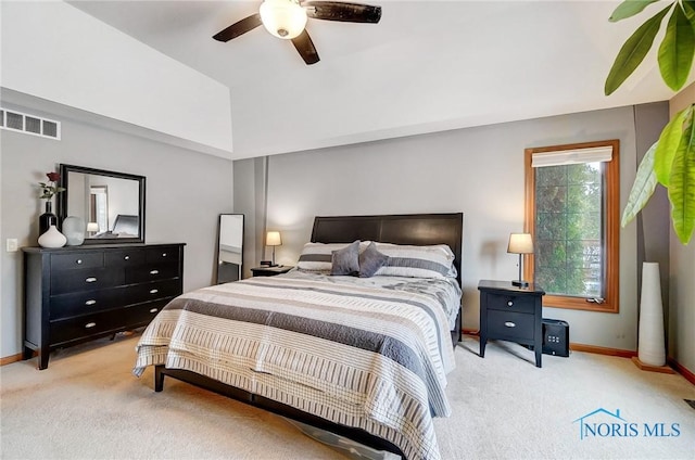 bedroom featuring ceiling fan and light colored carpet