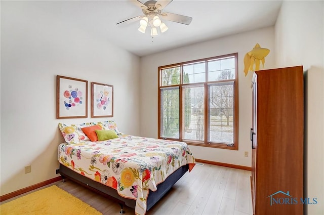 bedroom with ceiling fan and light wood-type flooring